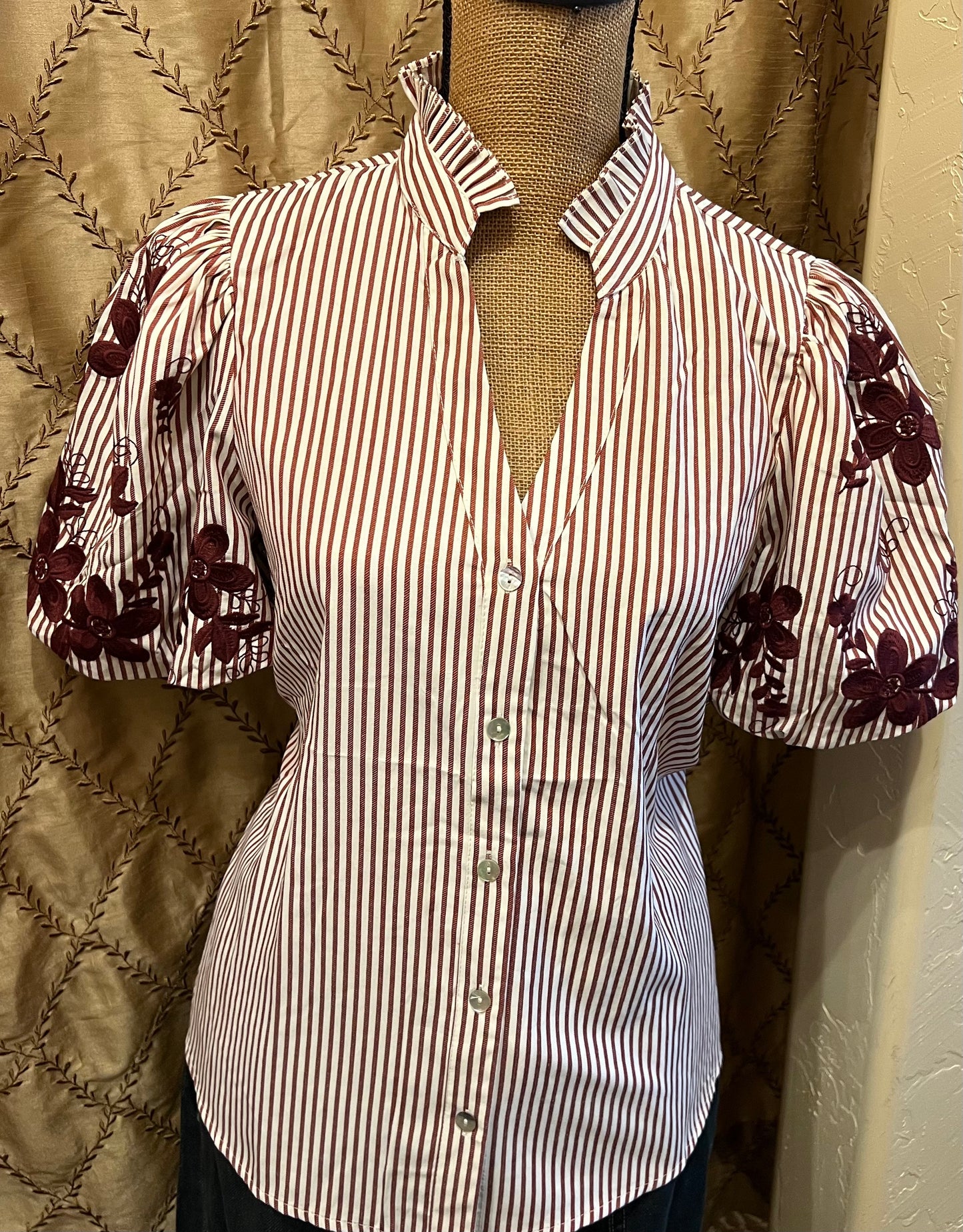 Burgundy Stripe Ruffle Shirt
