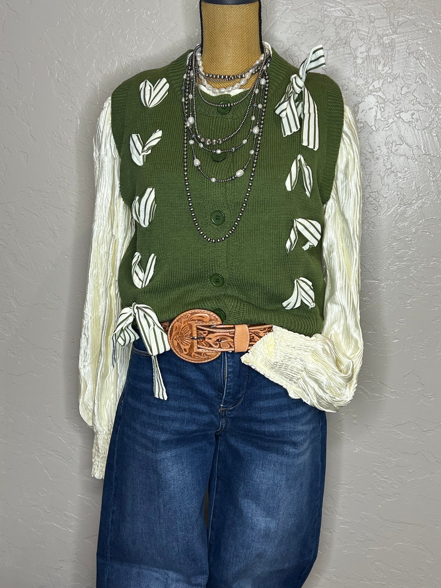 Green Sweater Vest with Bow Ties