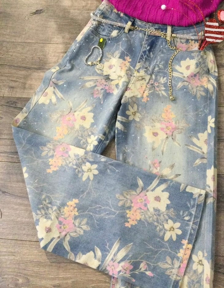 Floral Denim Jeans with Sequins