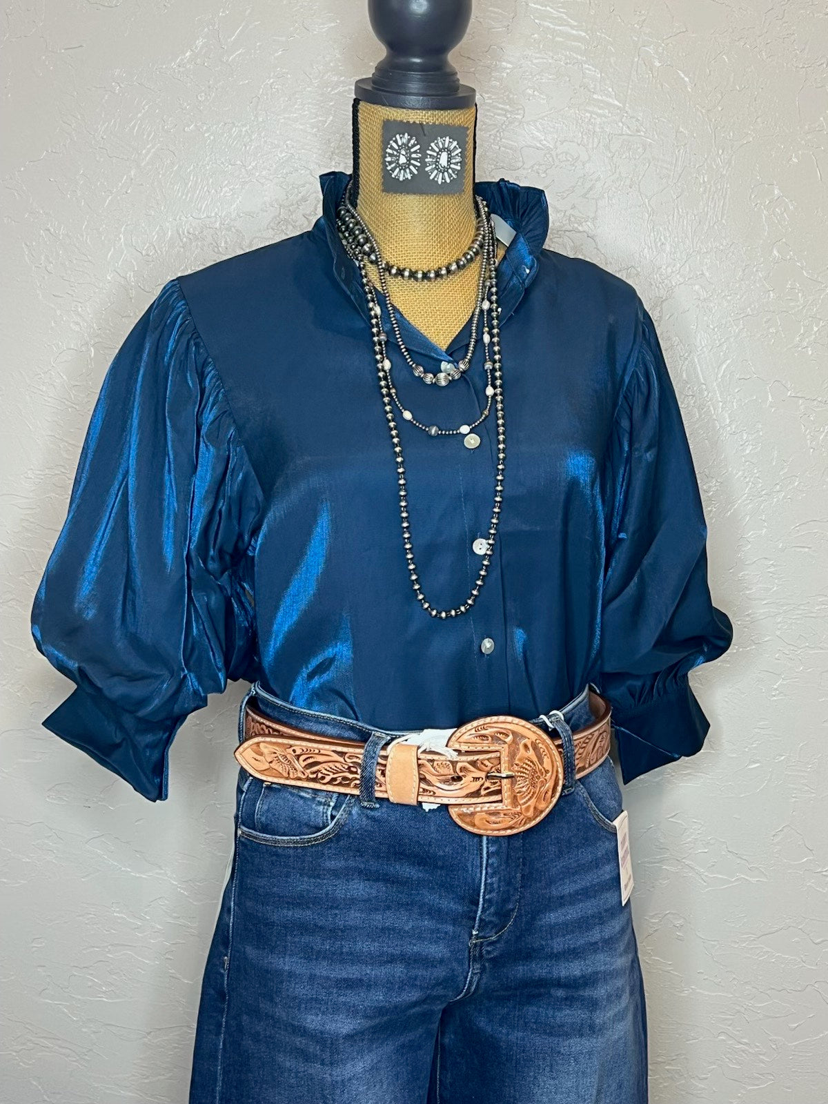 Navy 3/4 length sleeve ruffle neck blouse