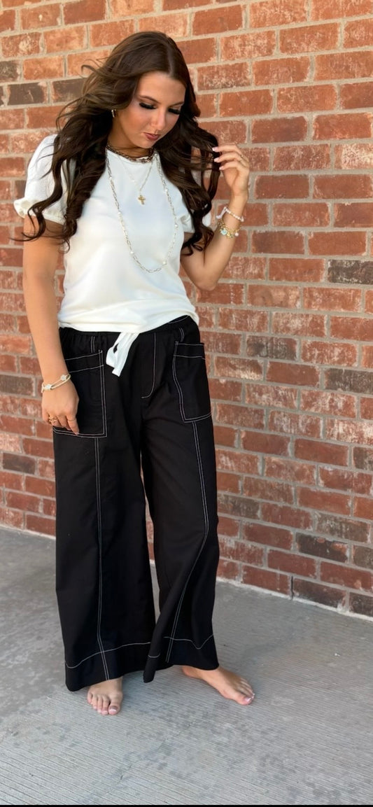 Black Drawstring Wide Leg Pant