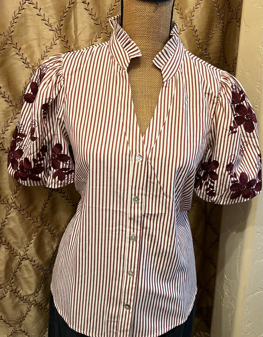 Burgundy Stripe Ruffle Shirt