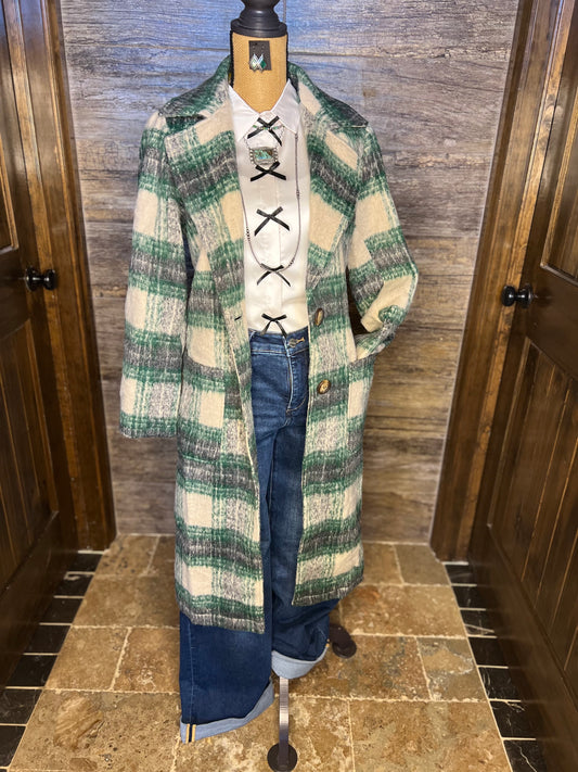 Ivory/Green Plaid Long Coat
