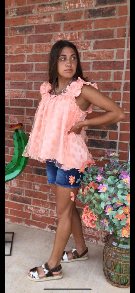 Peach Floral Sleeveless Shirt