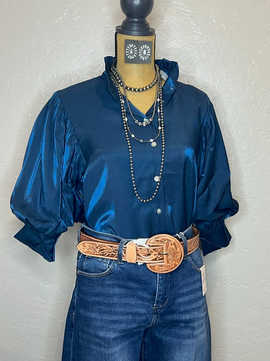 Navy 3/4 length sleeve ruffle neck blouse