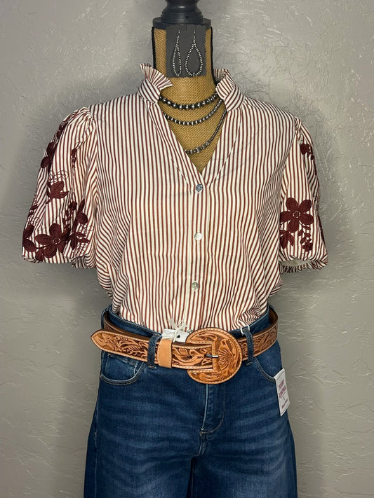 Burgundy Striped Shirt w/Short Sleeves